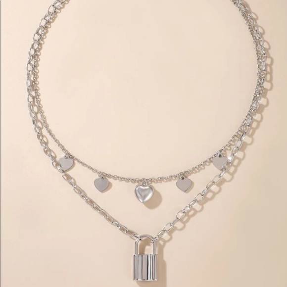 Padlock & Heart charms chain link layered necklace - Picture 2 of 6